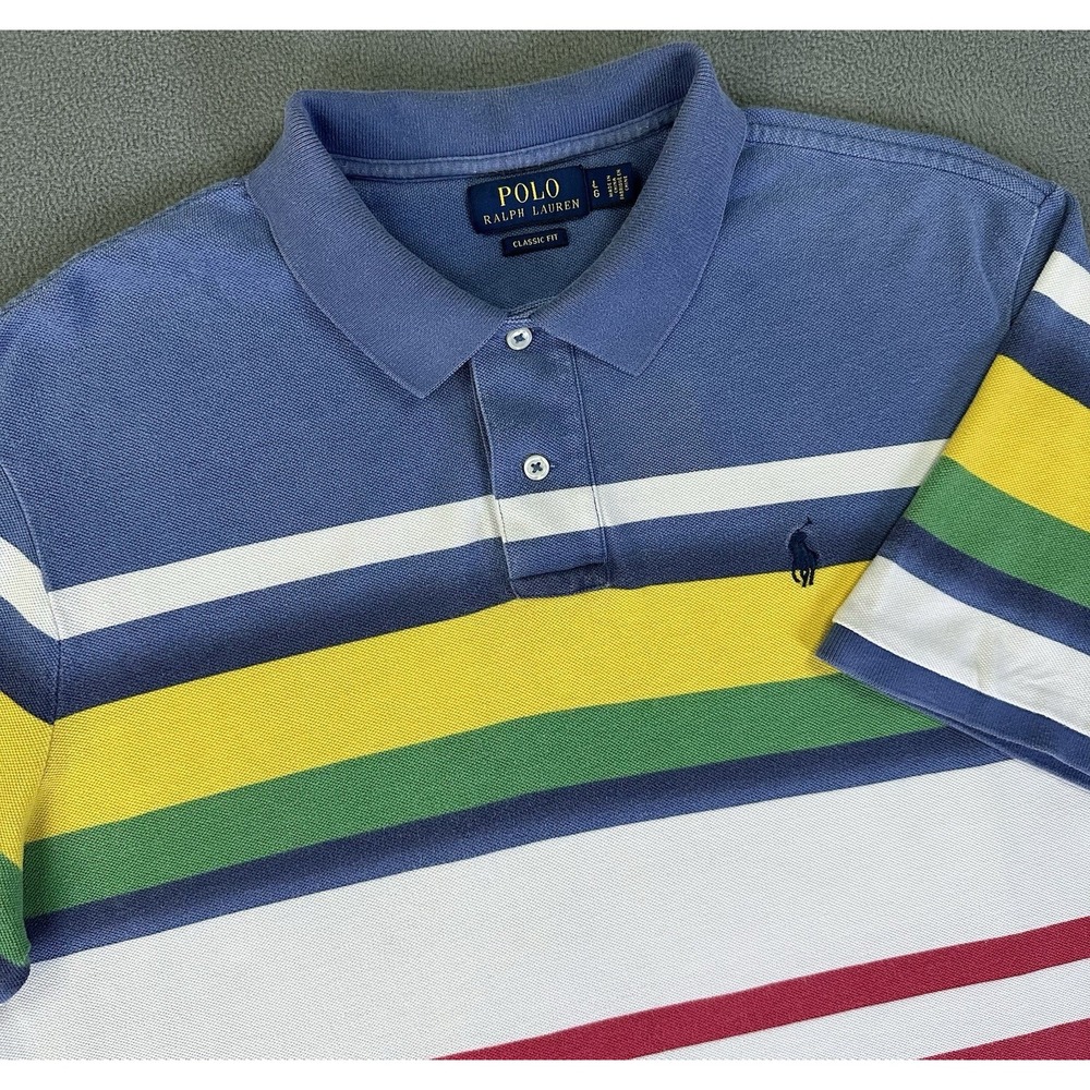 Ralph Lauren Polo Shirt Mens Large White Blue Yellow Colorful Stripe Classic Fit